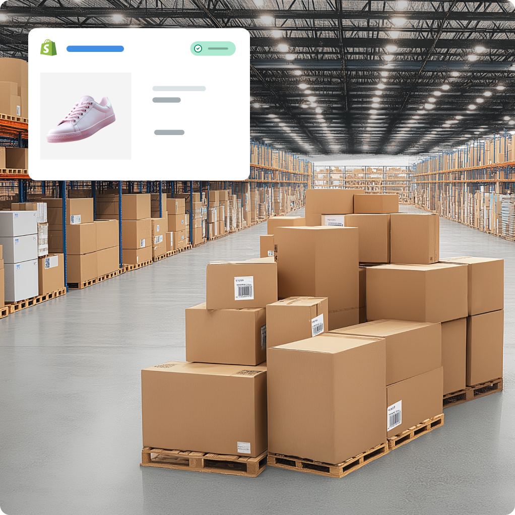 Una imagen de un almacén lleno de cajas. Sobre la imagen, hay un cuadro de diálogo que muestra unos zapatos deportivos rosados, pedido n.º 473 con un costo de USD 120,99.